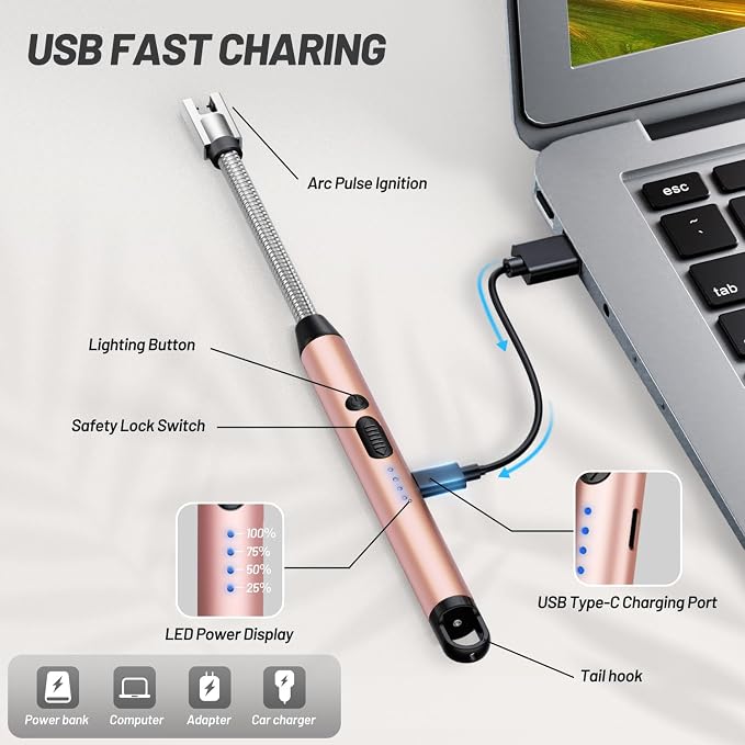 VEHHE Long Lighters Rechargeable with Safety Switch, USB C Lighter with 360° Flexible Neck, Windproof Flameless Plasma Arc Lighter with Led Battery Display for Fireworks BBQ Camping (Rose Gold)