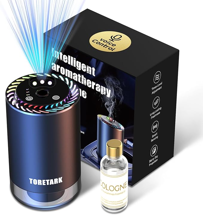 Smart Car Air Freshener Diffuser Voice Control with Starry Projection Light, 3 Adjustable Modes Intelligent Aromatherapy for Essential Oil, Smart Auto On/Off, Voice Edition (Cologne)