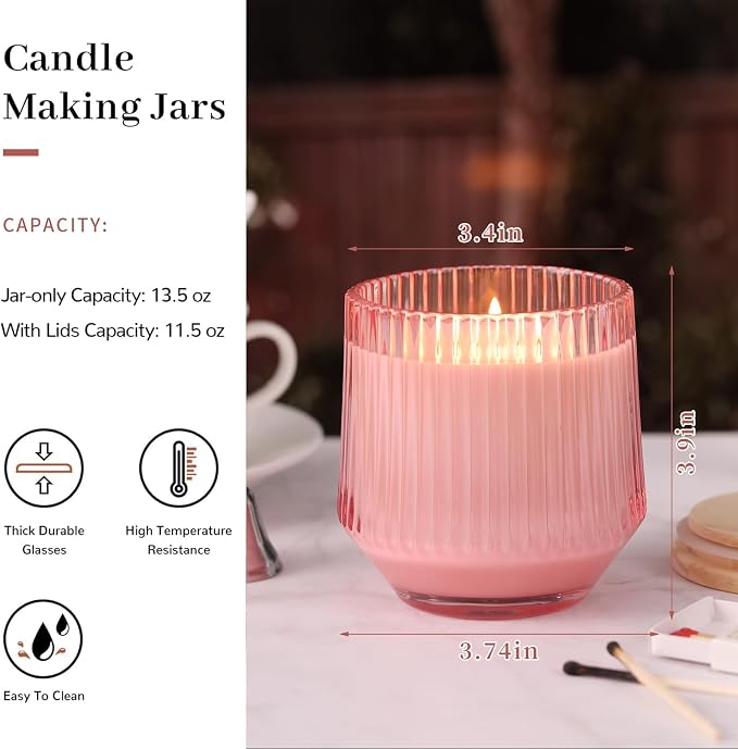 simeitol 13 OZ Pink Large Candle Jars for Making Candles - 6 Pack Glass Candle Jars Bulk with Vertical Striped, Candle Vessels with Bamboo Lids and Candle Wick Kit, for DIY, Home & Mother's Day