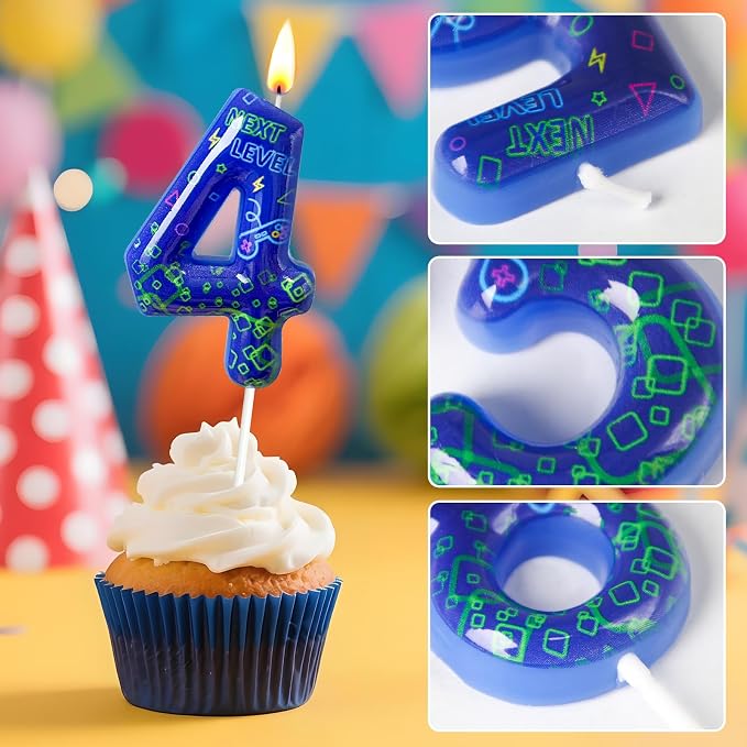 Number 4 Birthday Candle for Cake – Blue Gaming Theme Number Candle with “Next Level” Design, Video Game Style Cake Topper for Anniversary & Celebration