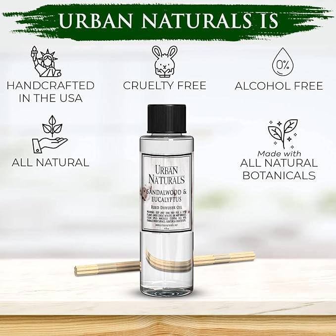 Urban Naturals Reed Diffuser Oil Refill, Sandalwood & Eucalyptus Diffuser Oils with Musk, Herbal Woods, 4 oz + Free Reed Sticks, Made in the USA