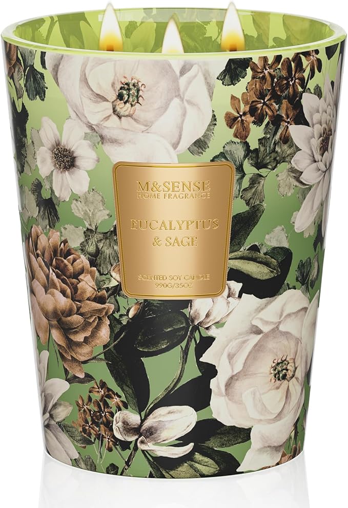 M&SENSE Eucalyptus Sage Soy Candle, 35oz 3 Wick 150H Non Toxic Long Lasting, Large Spa Fresh Focus Aromatherapy Candles, Home Office & Sleep Support