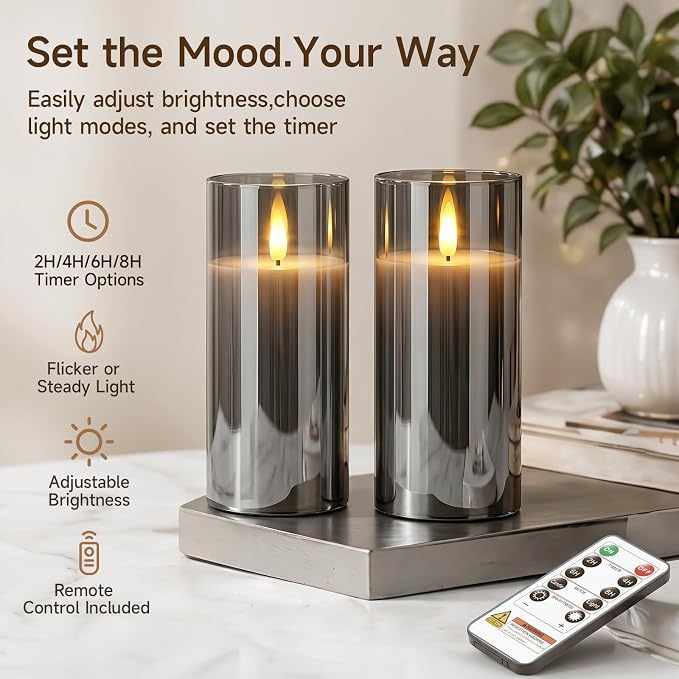 Homemory Grey Glass Flameless Candles Battery Operated LED Pillar Candles with Remote and Timer, Real Wax Flickering Candles with 3D Wick for Home Wedding Holiday Decor, Set of 2, 3"x6"