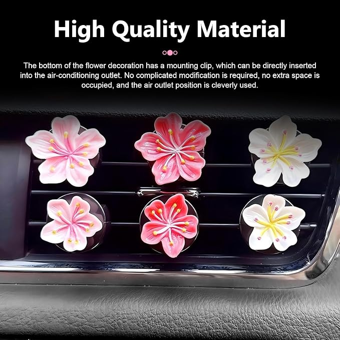 6 PCS Flower Car Air Vent Clips, 3D Stereo Peach Blossom & Cherry Blossom Decoration, A/C Straight Outlet Diffuser for Women & Girls, Interior Accessory for Most Cars (Multicolored)