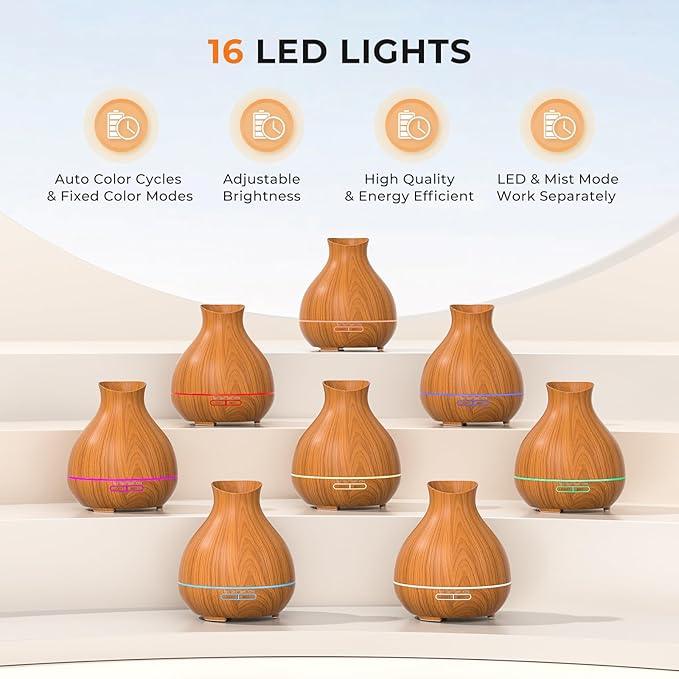 Aromatherapy Essential Oil Diffuser 550ml 12 Hours Wood Grain Aroma Diffuser with Timer Cool Mist Humidifier for Large Room, Home, Baby Bedroom, Waterless Auto Shut-off,7 Colors Lights Changing