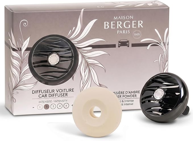MAISON BERGER Car Diffuser Set, Holly Amber Powder | Warm Amber Sandalwood Notes, Refillable Vent Clip with Ceramic Refill, Passive 4-Week Diffusion, Made in France