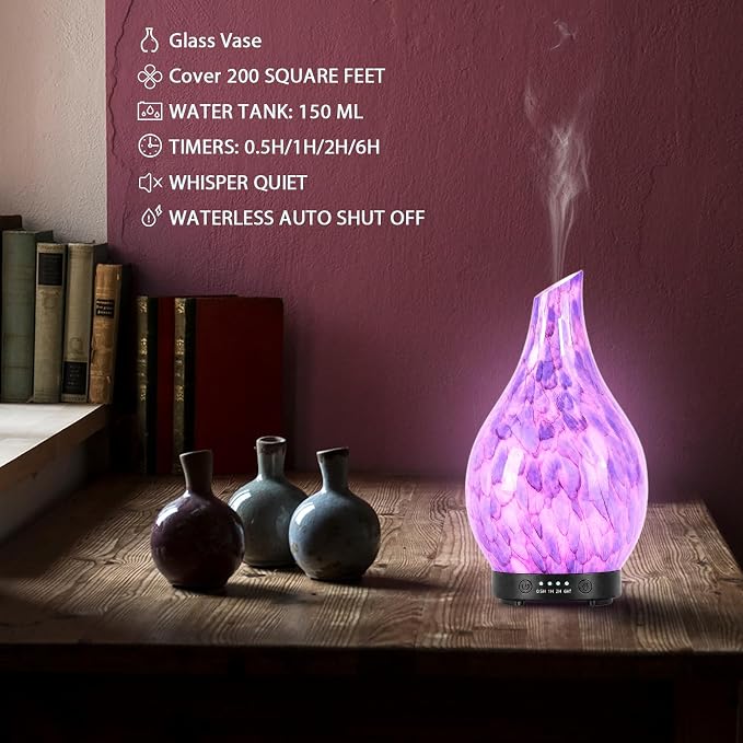 Essential Oil Diffuser 120ml Ultrasonic Aromatherapy Diffuser with Handmade Glass BPA Free, Auto Shut-Off 4 Timer Setting 7 Colors Changed LED for Home Yoga Office (Cobblestone)
