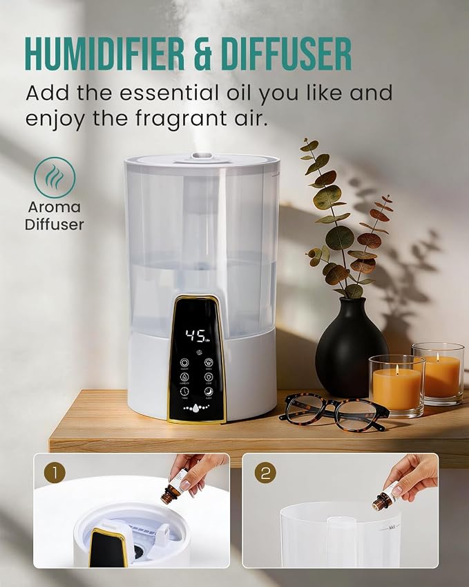 Humidifiers for Bedroom,1.06Gal(4L) Dishwasher Safe Design Easy to Clean,Top Fill,Night Light,Aroma Diffuser,Humidity Control,12H Timer,Sleep Mode,3 Level Mist,360° Nozzle,Home,Nursery,Off White