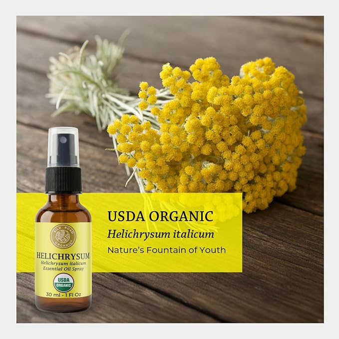 Silk Road Organic Helichrysum Italicum Essential Oil Spray for Skin Care, Wrinkles, Scars, Bruises - USDA Certified Immortelle Oil 1oz Body Spray - Always Pure, Always Organic