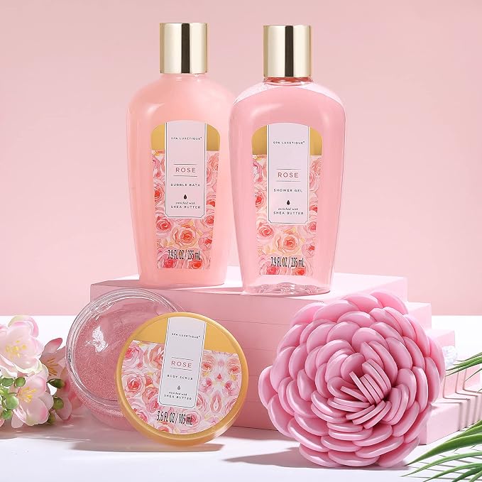 Spa Luxetique Spa Gift Baskets for Women, 12 Pcs Rose Presents Set with Bubble Bath, Bath Bombs, Body Lotion, Hand Cream, Christmas Gift Basket for Mom