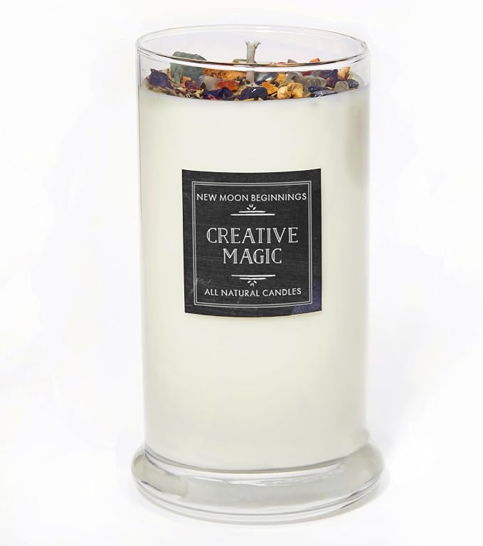 Creative Magic Candles by New Moon Beginnings - Focus, Creativity, & Concentration - Herb & Crystal Candles - Soy Aromatherapy Candle - 21oz Glass Jar