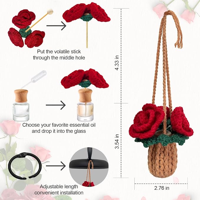 Crochet Car Air Freshener, Empty Refillable Oil Diffuser Bottle with Hanging Crochet Plant for Car Rearview Mirror Decor, Handmade Home and Office Decor (Rose)