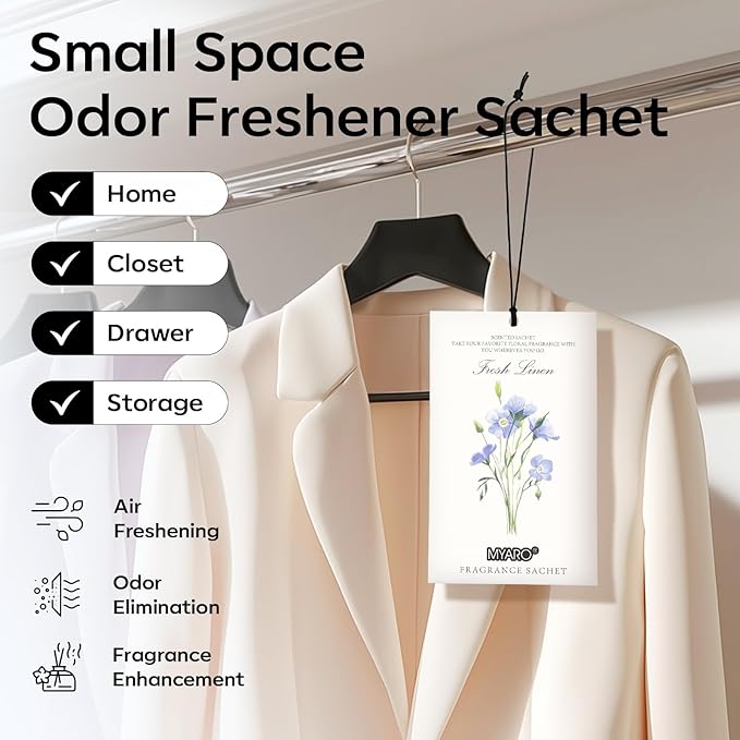 MYARO 12 Pack Fresh Linen Scented Sachets for Drawer, Closet & Car Air Freshener Bags | Odor Eliminator & Fabric Refresher | Crisp, Clean Home Fragrance Gift Set