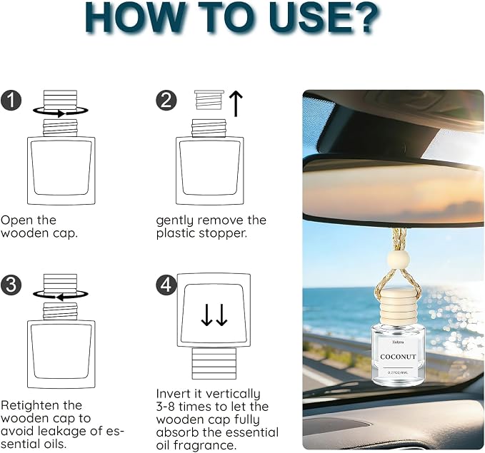 Hanging Car Air Freshener (Pack of 3) : Luxury Car Perfume for Women Men | Cute & Wooden Lid Reusable Bottle with 45+ Days Long-Lasting Scent for Auto Interio, Coconut