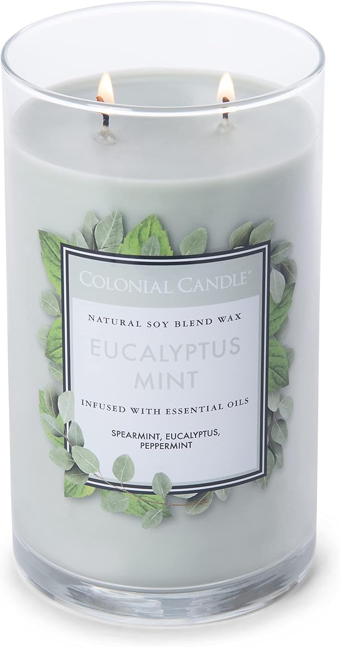 Colonial Candle Eucalyptus Mint Scented Jar Candle, Classic Cylinders Collection, 2 Wick, Green, 19 oz - Up to 120 Hours Burn