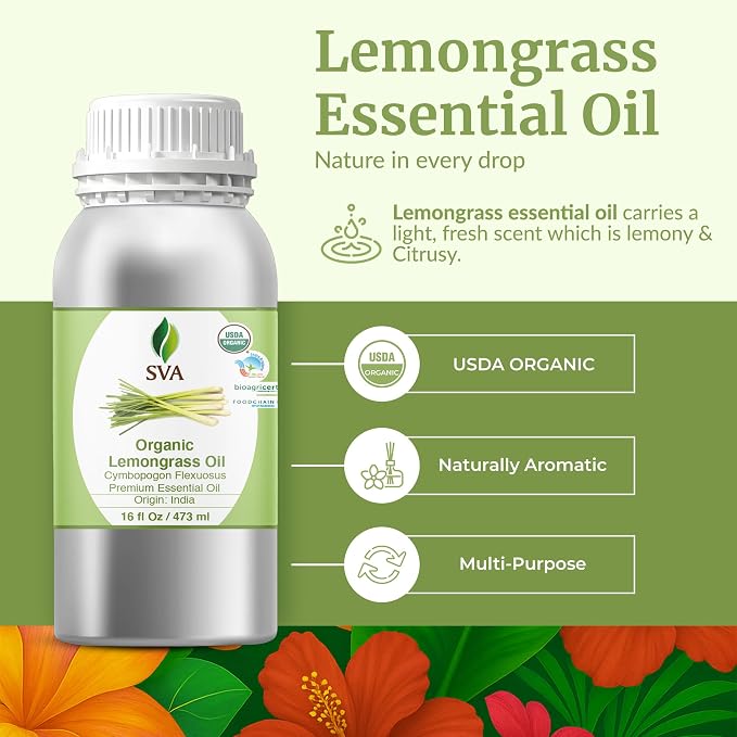 SVA Lemongrass Essential Oil Organic – 16 Fl Oz – 100% Natural Organic Lemongrass Oil for Hair, Face, Skin Care, Diffuser, Aromatherapy, Scalp, Body Massage, Soap and Candle Making