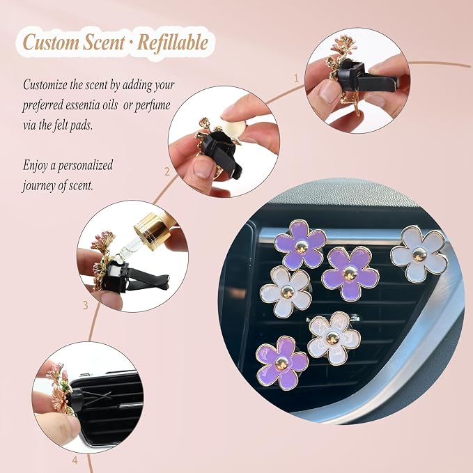 ORIESSE 6pcs Flowers Car Air Freshener Vent Clips Purple White Daisy Air Vent Clip Car Accessories for Women 3.3cm/3cm Flower Vehicle Interior Decor Refillable Diffuser