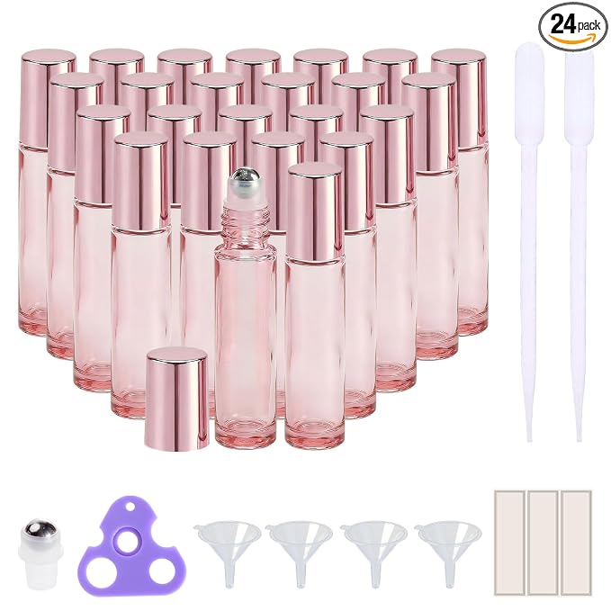 PrettyCare 24 Pack, 10 ml Essential Oil Roller Bottles with Stainless Steel Roller Ball - Refillable Leak-proof Empty Thick Pink Glass Roll on Bottles with Pink Caps for Travel, Perfume