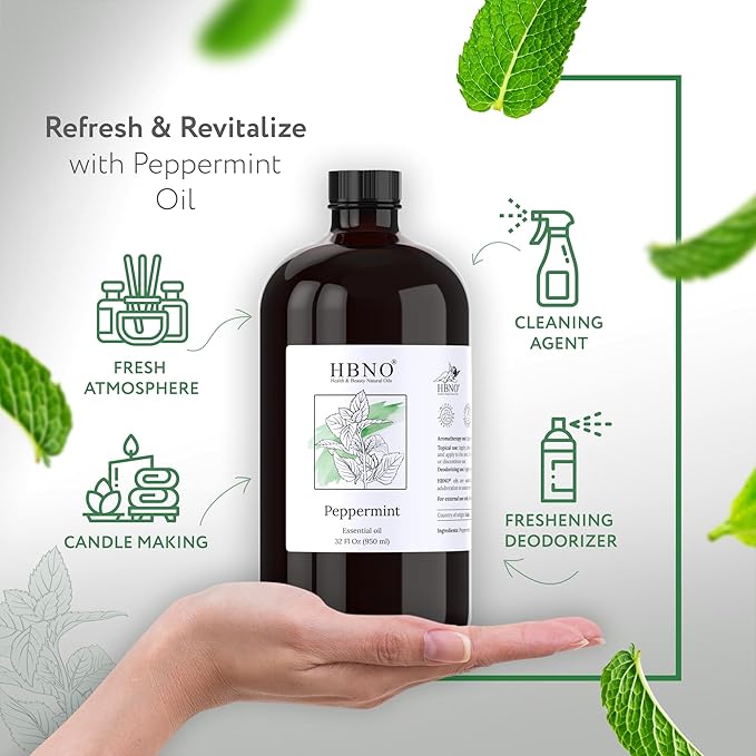 HBNO Peppermint Essential Oil - Huge 32 oz (950ml) Large Size - Ideal for Diffusers, Cleaning Agents, Deodorizers, and Flavoring Agents.