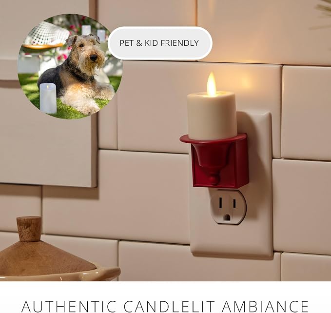 Luminara Flameless Candle Nightlight w/Dusk to Dawn Light Dark Auto Sensor, Red Wall Plug Indoor Night LED Light w/Real-Flame Effect Technology, Bathroom Bedroom Hallway, No Remote Needed