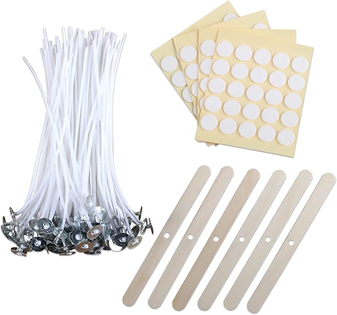 MILIVIXAY 6" Candle Wick Bundle: 100PCS Candle Wicks, 100PCS Candle Wick Stickers and 6PCS Wooden Candle Wick Holders - Wicks Coated with Paraffin Wax, Cotton Wicks Kits for Candle Making.