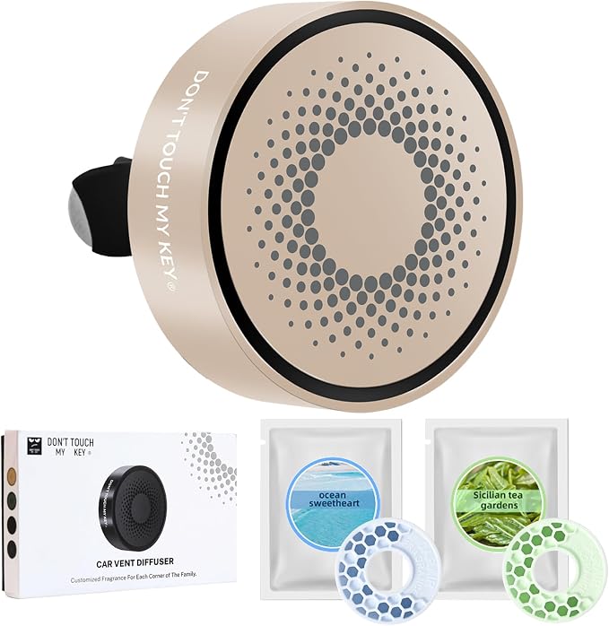 Car Diffuser Air Freshener Vent Clip Aluminum Aroma Diffuser Long Lasting Scent Odor Eliminator Pleasant New Car Smell Scent with 2 Refill Pads Ocean Tea Perfume for Men Women(Champagne Gold)