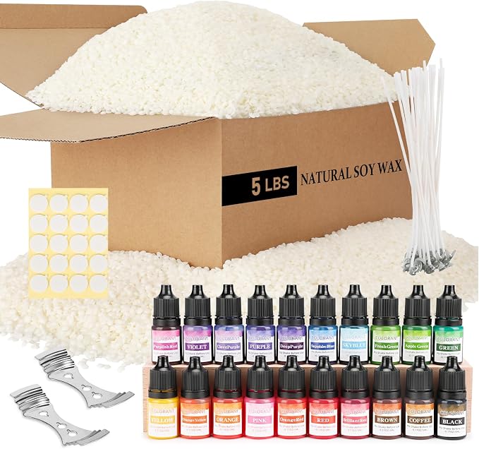 SAEUYVB Soy Wax for Candle Making,5lbs Natural Soy Wax Pellets with 20 Color Liquid Dye,20 Cotton Wicks,Complete Candle Making Supplies for Adults- Ideal for Home Decoration & DIY Gifts