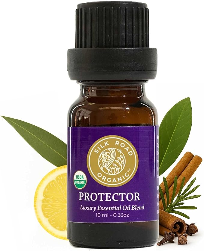 Silk Road Organic Protector - Thieves Essential Oil Purifying Immunity Blend, 100% Pure USDA Certified Clove Bud, Lemon, Cinnamon Bark, Rosemary, Eucalyptus - 10 ml Dropper