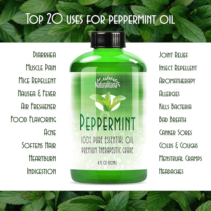 Naturalitana Peppermint Essential Oil Therapeutic Grade for Aromatherapy, Hair, Relaxation – Mint Scented 4 Fl Oz Bottle with Dropper