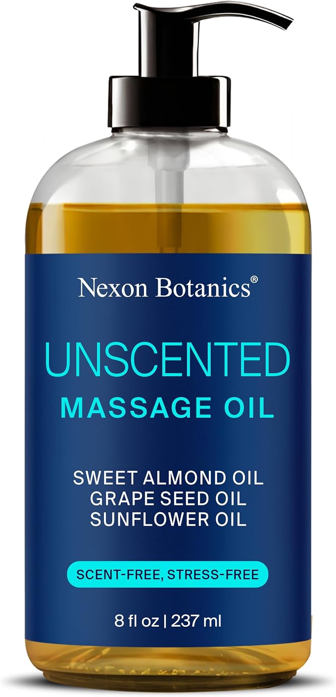 Unscented Massage Oil for Massage Therapy 8 fl oz - Refreshing and Relaxing - Natural Oils with Sweet Almond, Grape Seed and Sunflower Oil - for Men and Women - Nexon Botanics