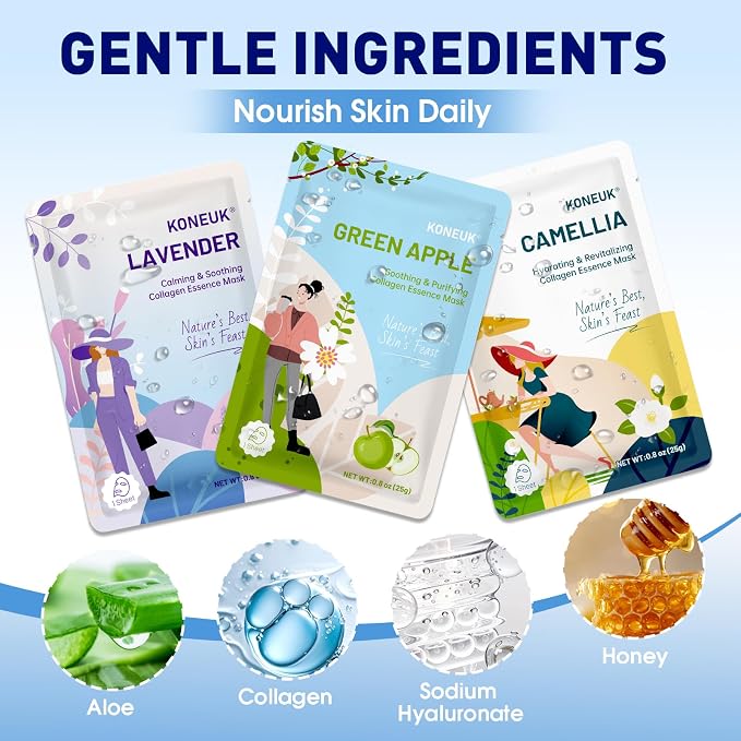 KONEUK 9 Pack Hydrating Face Masks Skincare, Bulk Sheet Face Mask for Dry Skin, Collagen Facial Masks Spa Gifts for Women Skin Care, Spa Birthday Party Supplies and Sleepover Party Supplies