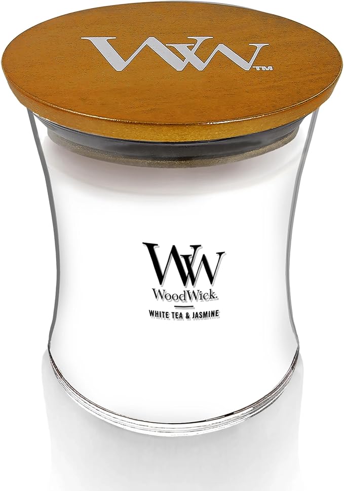 WoodWick White Tea & Jasmine Scented Medium Hourglass Candle, Crackles as it Burns, Great for Gifting, 9.7oz (Pack of 4)