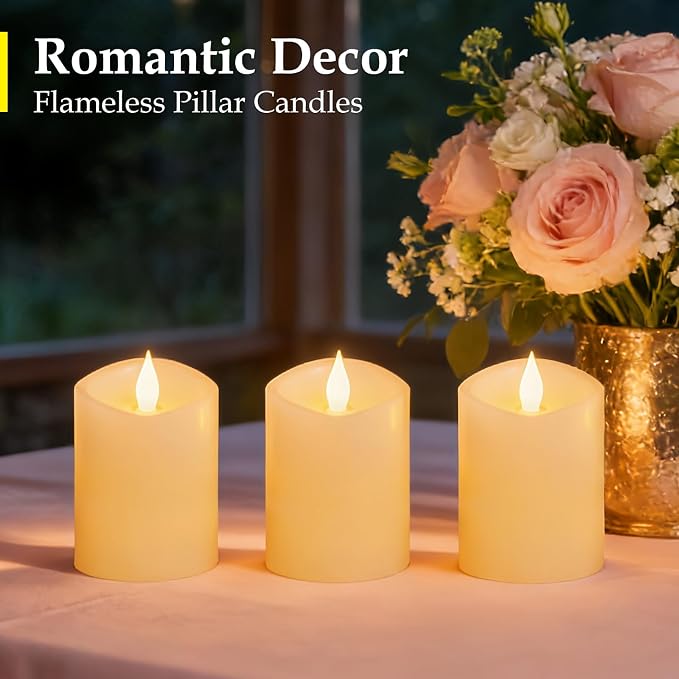 3x4 inch Flameless Candles: Realistic Flameless LED, Battery-Powered Pillar Candles with Remote & Timer, Fake Candles for Fall Decor, (Ivory, 3"*4"-3pcs)