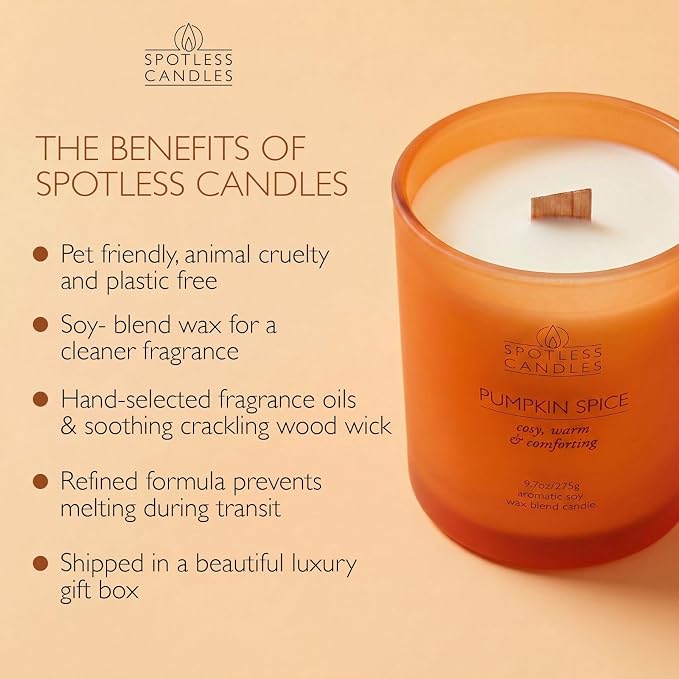 Pumpkin Spice Candle; 9.7 oz:, 55 Hrs Burn Time, Soy Wax Orange Frosted Jar with Crackling Wooden Wick & Luxury Gift Box: Pumpkin Spice Scented Candle by Spotless Candles
