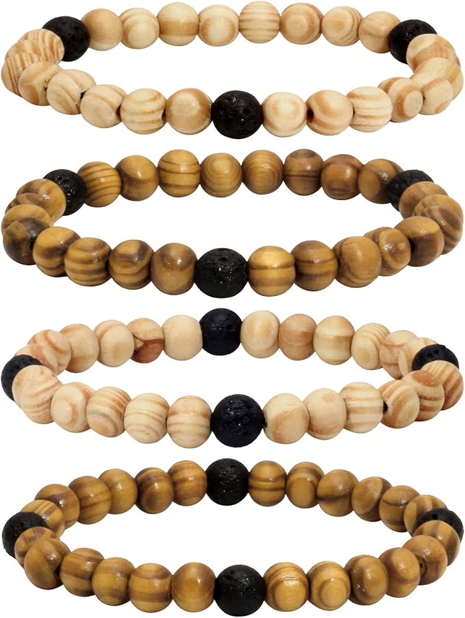 Milakoo 4Pcs Lava Rock Stone Beads Essential Oil Diffuser Bracelet for Men Women Wood Beads Bracelet