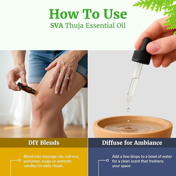 SVA Thuja Essential Oil – 4 Fl Oz – 100% Natural Thuja Oil - for Diffuser, Hair Care, Face, Skin Care, Aromatherapy, Scalp and Body Massage, Soap and Candle Making – with Dropper