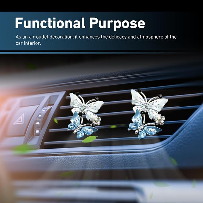 2 PCS Dual Butterfly Car Air Vent Clips, Car Air Vent Shimmering Rhinestone Butterfly Decoration Clips, Smell Diffuser for Horizontal Vertical AC Export, Universal for Most Vehicles (Blue)