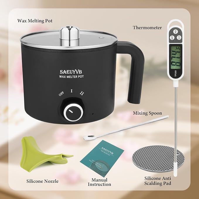 SAEUYVB Candle Making Kit with Wax Melting Pot,Wax Melter for Candle Making with Thermometer, Spoon-Complete Candle Making Supplies for DIY Gifts