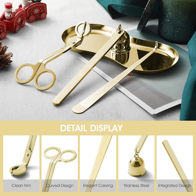 PATOISE 3 in 1 Candle Snuffer Set, Candle Wick Trimmer Cutter Mini, Candle Accessory, Candle Wick Dipper, for Candle Aromatherapy Lovers(3PCS Gold)