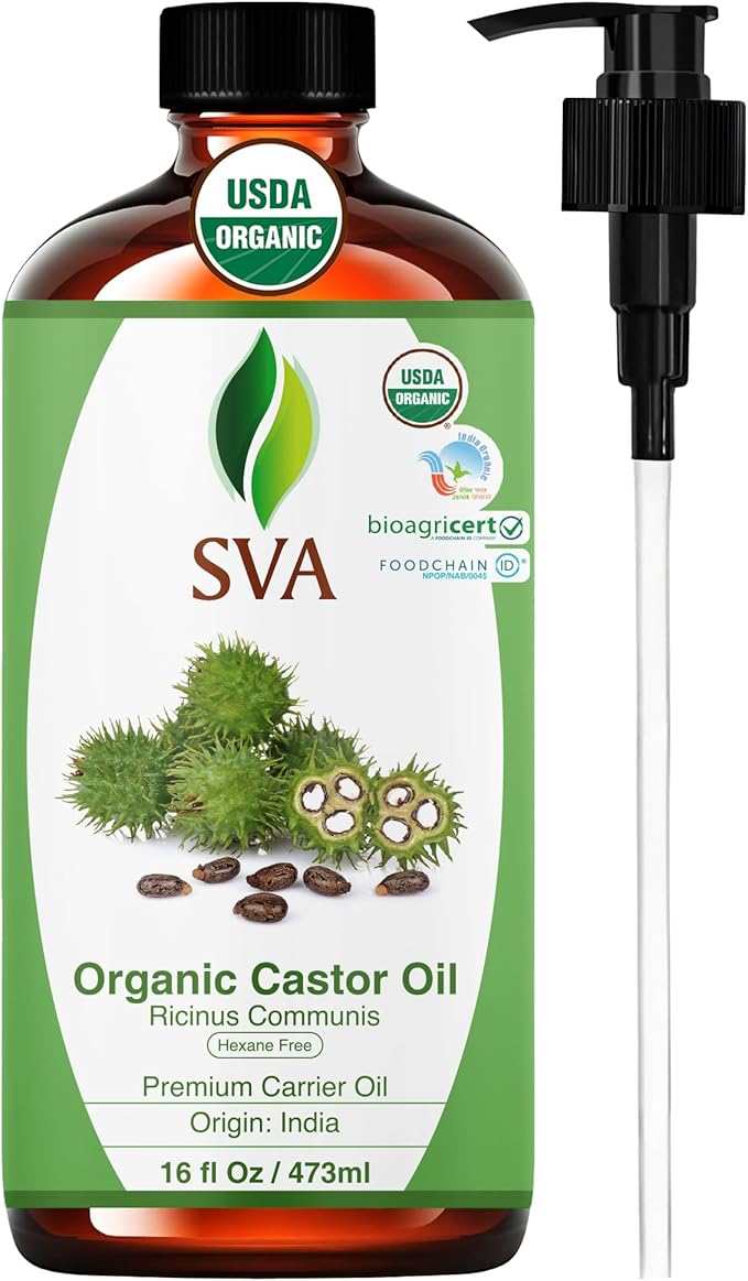 SVA Castor Seed Oil Organic - 16 Fl Oz – 100% Natural Cold Pressed Organic Castor Oil - for Face, Skin Care, Hair Care, Scalp Massage & Body Massage with Pump