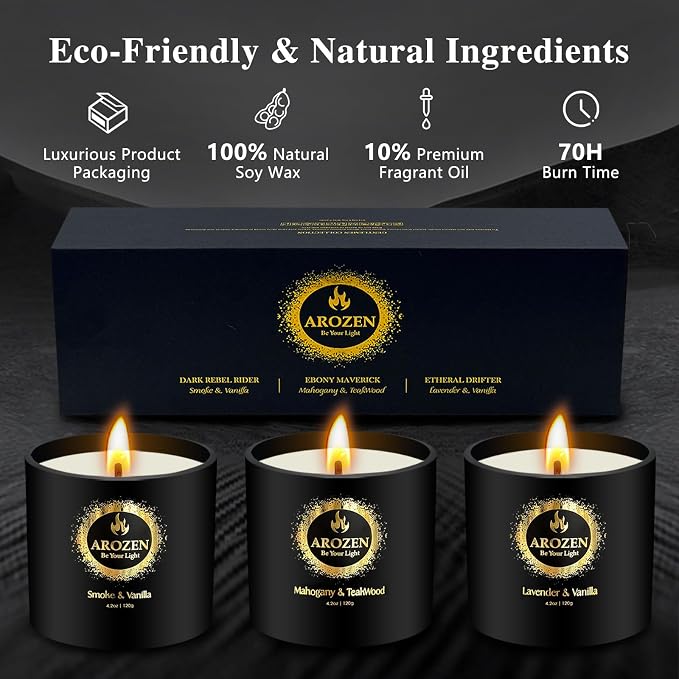 3 Pack Candles for Home Scented, Scented Candles Gifts Set for Men, Aromatherapy Soy Candle of Lavender, Mahogany Teakwood & Smoke Vanilla, Gifts for Men Fathers Day Valentine's Day Present