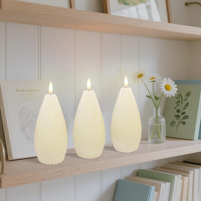 Ivory White Ribbed Flameless Candles Battery Operated with Remote Geometric Aesthetic Stripe Flickering Realistic LED Real Wax Candle Vintage Home Decor for Christmas Table Fireplace Mantel, 3 Pack