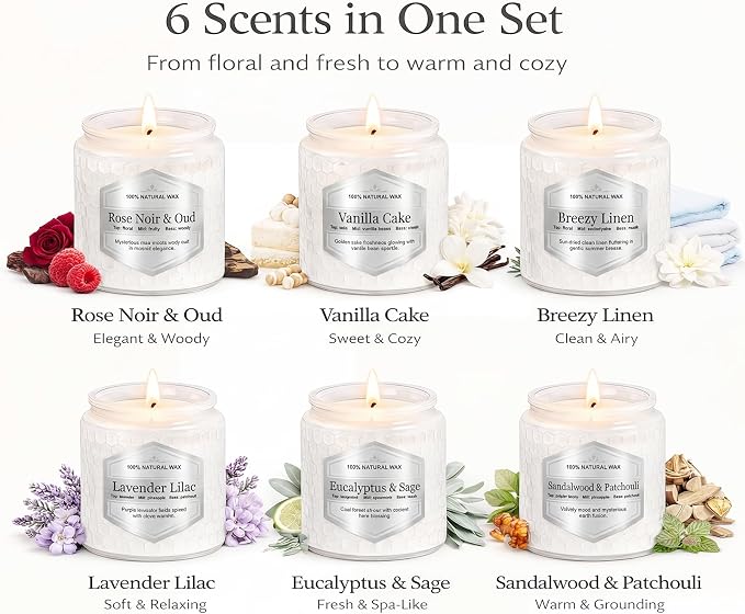 Scented Candles Gift Set for Women, 6 Pack Aromatherapy Soy Candles for Home, Long Lasting Decorative Jar Candles for Birthday, Relaxation, Self Care