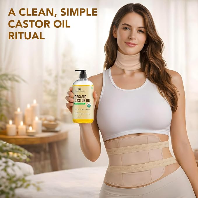 Botanic Hearth 100% Pure Castor Oil with Wrap Kit | Cold Pressed Oil for Hair & Body | Reusable Cotton Belly, Stomach & Neck Wrap | Hydrating Care for Dry Hair & Skin | 8 fl oz