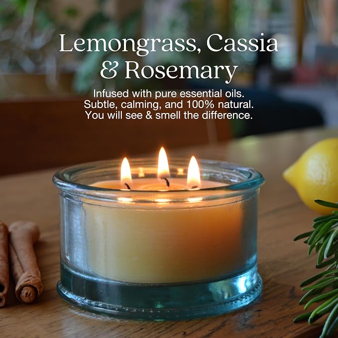 Bluecorn Botanica Beeswax 3-Wick Candle – Lemongrass, Cassia & Rosemary, 100% Pure Beeswax & Essential Oils – 10oz Hand-Blown Recycled Spanish Glass – Non Toxic, Clean Burning, Refillable Glass Jar