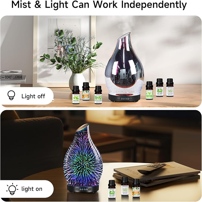 Essential Oil Diffuser & Essential Oils Set, Glass Aromatherapy Diffuser, 6 Oils Gift Pack (Lavender Tea Tree Lemongrass Sweet Orange Eucalyptus Peppermint)