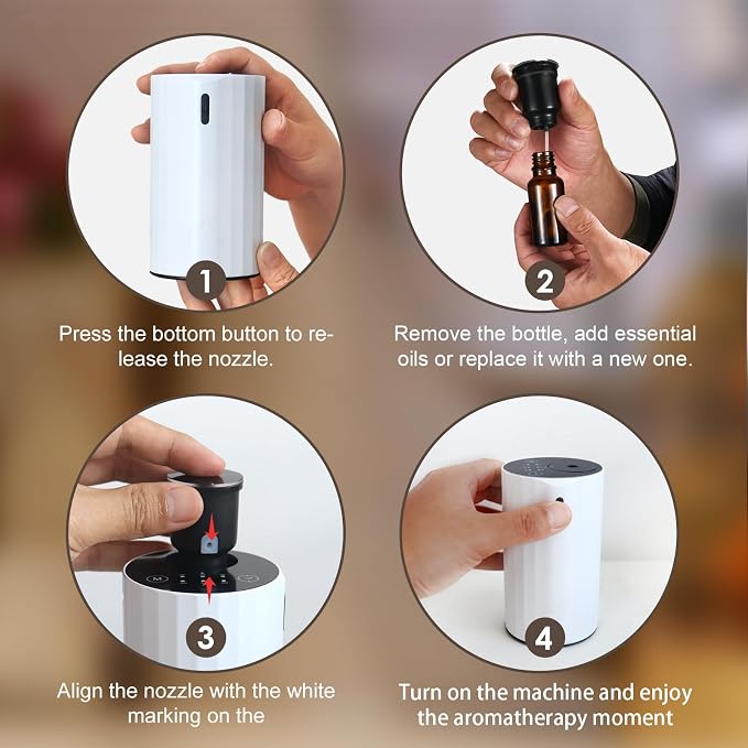 Waterless Essential Oil Diffuser Aromatherapy Scent Diffusers for Home Large Room, Bedroom, Car, Office, Desk, Battery Operated Mini Portable Air Freshener (White-2)