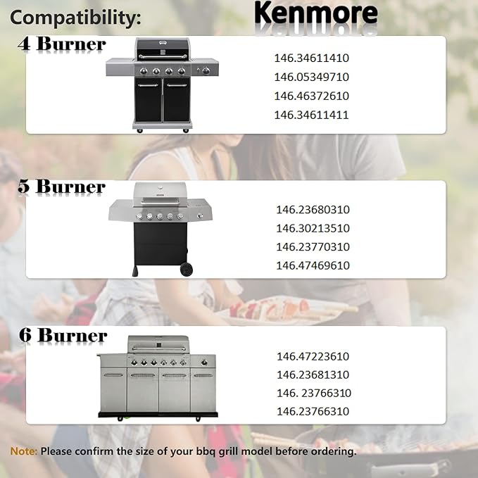 Grill Replacement Parts for Kenmore 5 Burner 146.47468610, 146.23680310, 146.47469610, Kenmore 4 Burner 146.34611410, 146.34611411, 146.10017510 Gas Grills, Pipe Burner, Heat Plate, Carryover Tube.