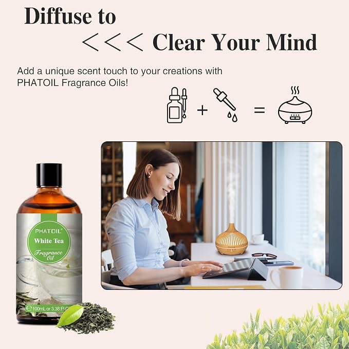 PHATOIL 3.38FL.OZ White Tea Fragrance Oils for Aromatherapy, Essential Oils for Diffusers for Home, Perfect for Diffuser, Yoga, Skin Care, DIY Candle and Soap Making - 100ml