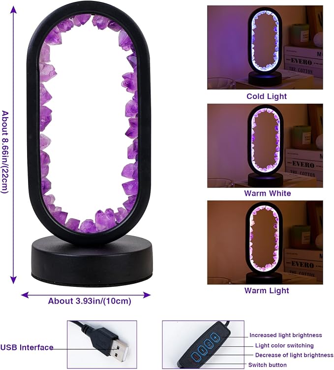 Runyangshi Crystal Lamp - Amethyst Tooth Ellipse Night Light with USB Port, 3 Colours Mode Table Lamp for Bedroom, Bedside, Office, Home Decor, Gift